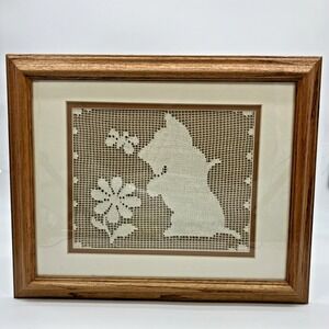 Vtg. Framed Doily Scottie Dog Scottish Terrier Butterfly Flower Wall Hanging